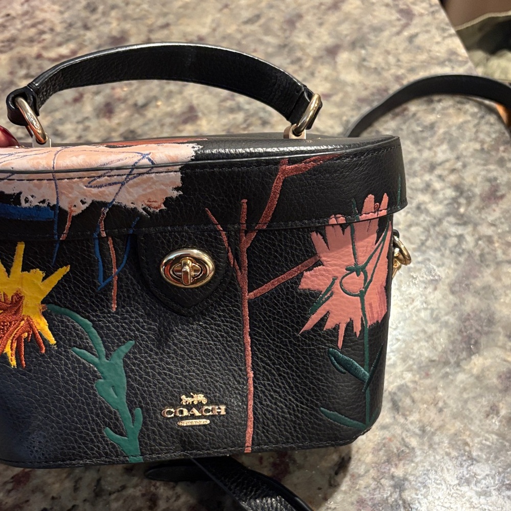 Basquiat Coach Black Crossbody Bag with Vibrant Floral Pattern - Picture 6 of 12